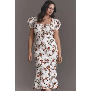 NWT Size 1X - Anthropologie Linen Blend smocked Puff-Sleeve Midi Dress ( US$178)